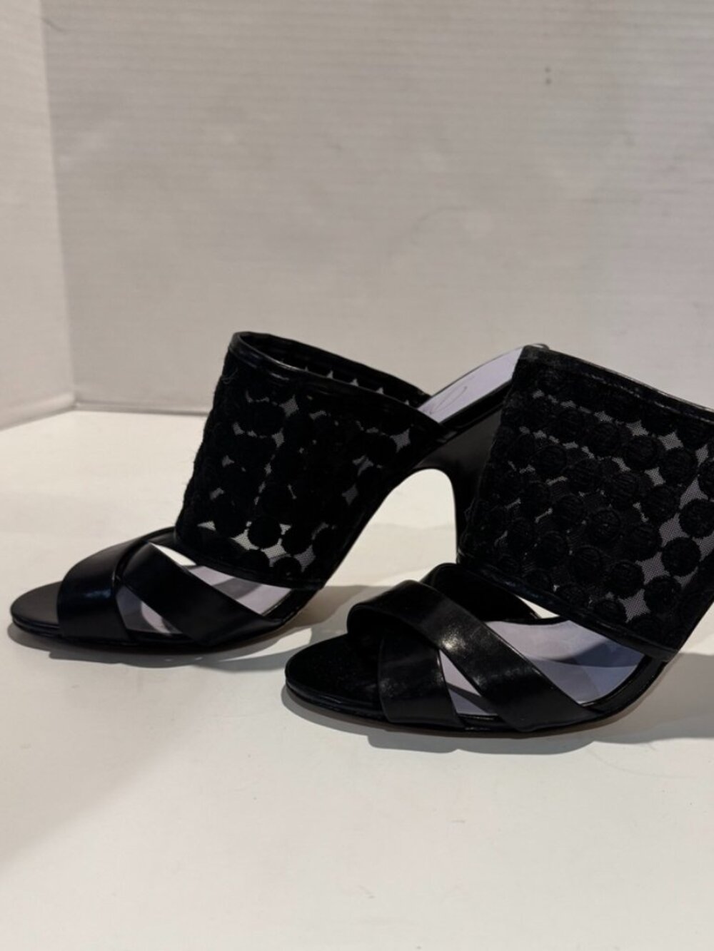 Delman Women's Black High-Heel Sandals w/Mesh Overlay and Leather Straps, Size 9 - Picture 3 of 7